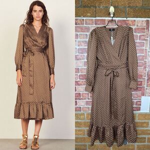 ROSEDRESS VINTAGE FLORAL PRINTED LONG SLEEVE RUFFLE WRAP MIDI DRESS - COFFEE L